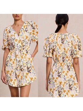 NWT A.L.C. Mia Cotton V Neckline Puff Short Sleeve Mini Dress Yellow Size: 6
